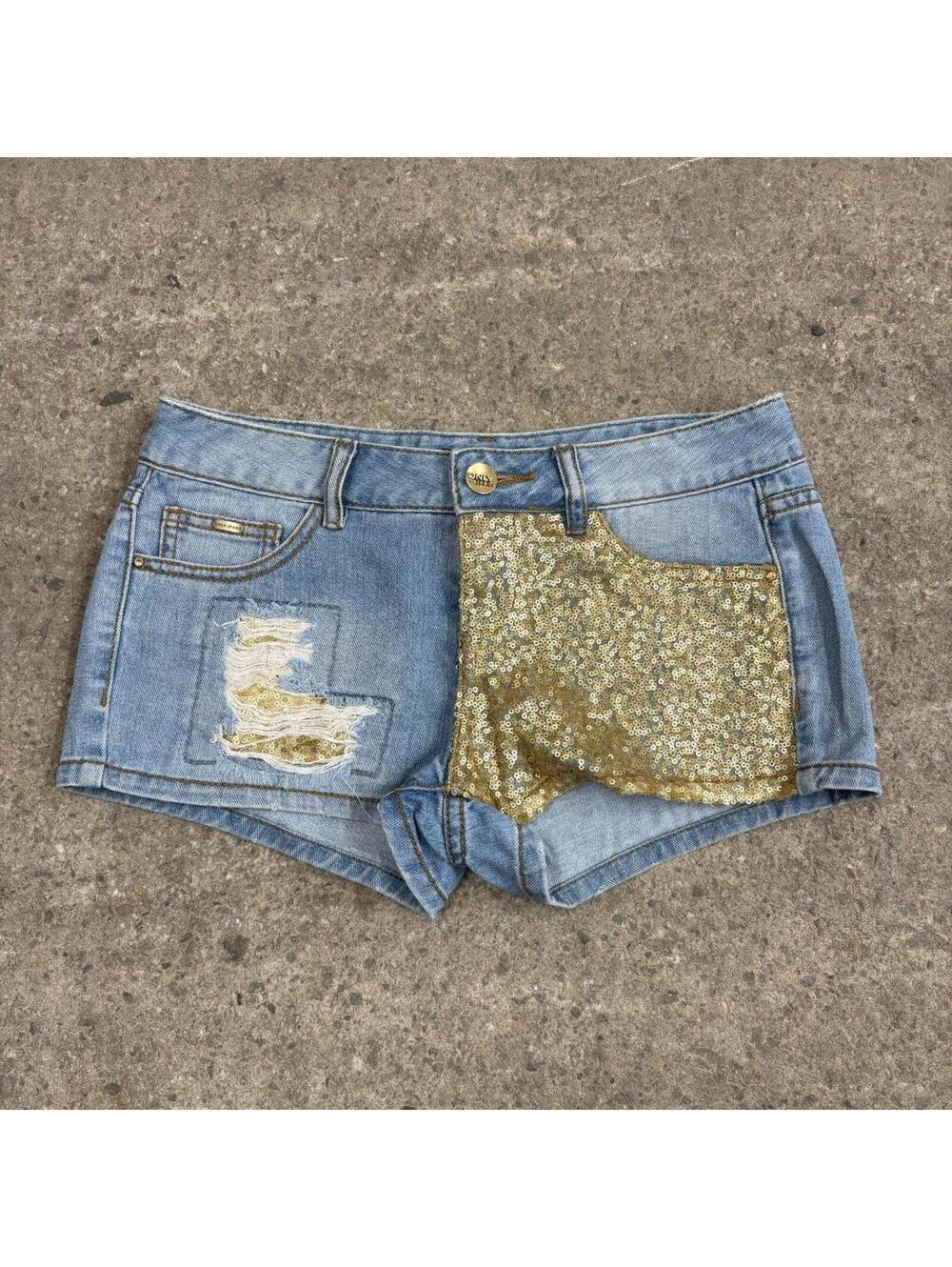 Vintage Y2K Low Rise Denim Micro Shorts LW Gold Sequin ONLY